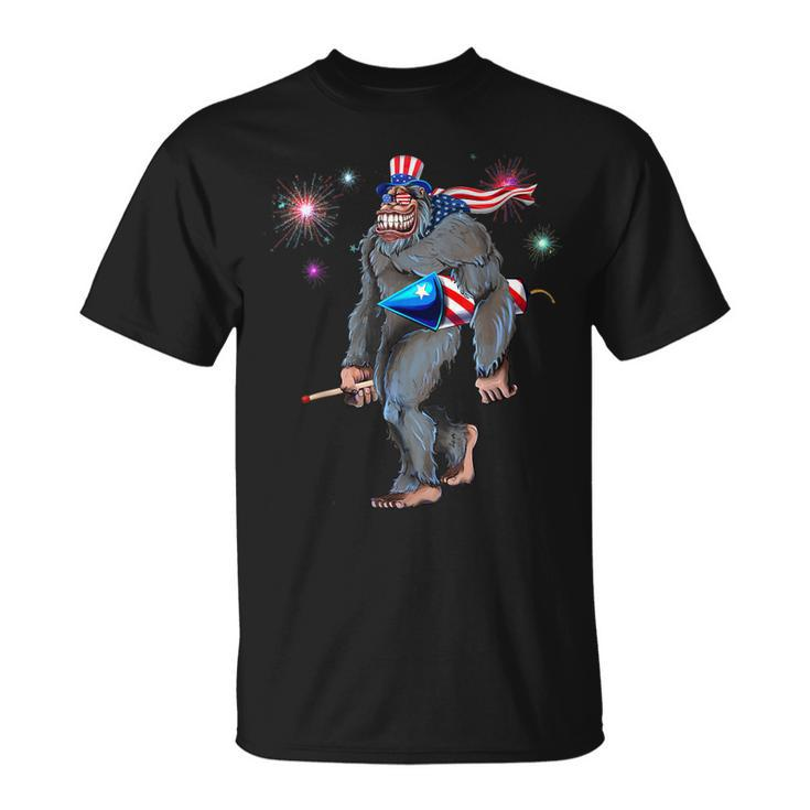 Bigfoot Sasquatch 4Th Of July American Usa Flag Fireworks T-shirt