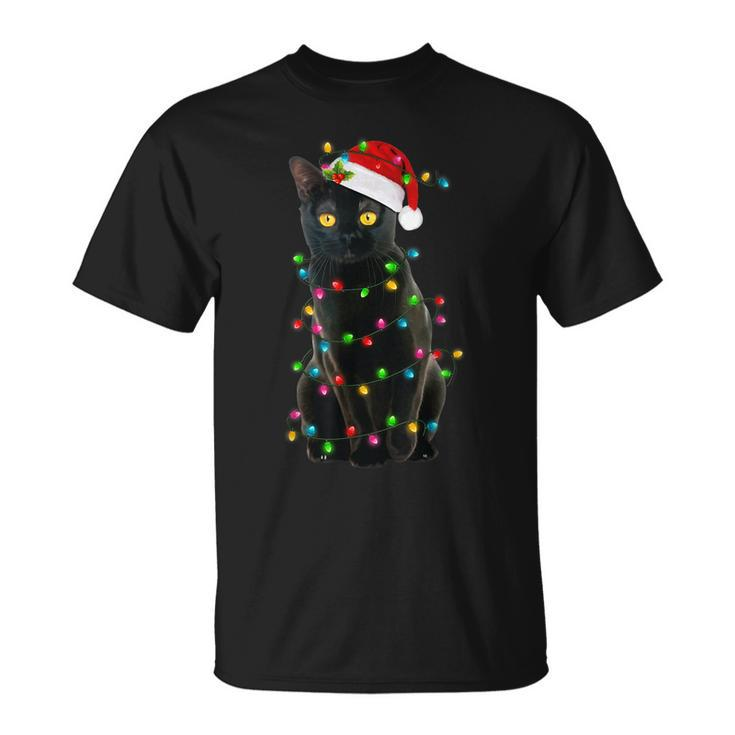 Black Cat Christmas With Santa Hat Lights Pajama Cat Lovers T-shirt