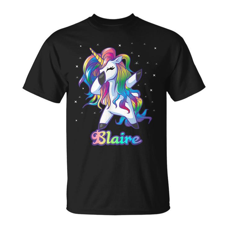 Blaire Name Personalized Custom Rainbow Unicorn Dabbing T-shirt