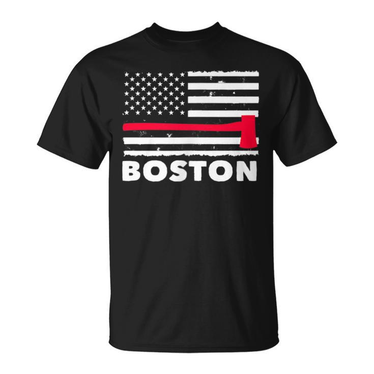 Boston Us Flag Pocket Firefighter Thin Red Line Fireman T-Shirt