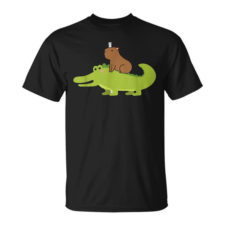 Capybara Riding Alligator Pet Dad Mom Boy Girl Kids Outfit  Unisex T-Shirt