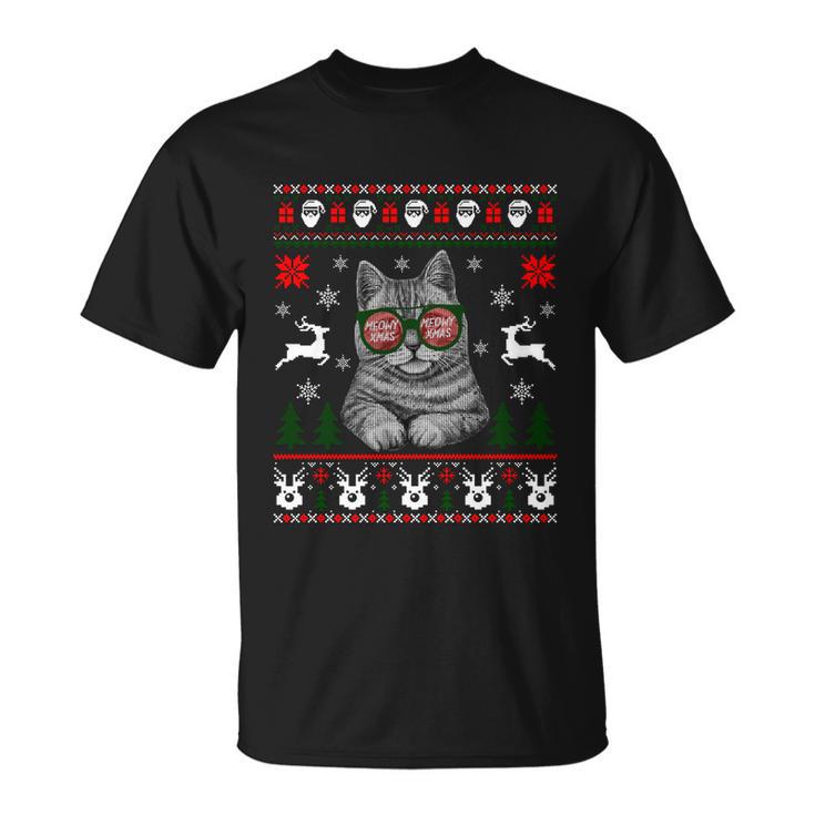 Cat With Sunglasses Meowy Ugly Christmas Sweater Gift Unisex T-Shirt