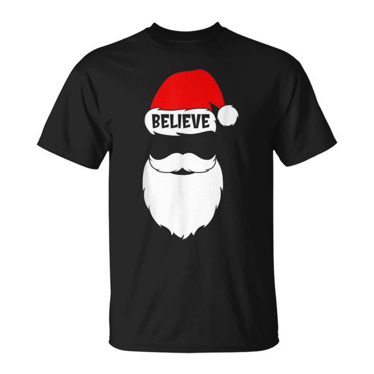Christmas Believe In Santa Claus Believe Quote On Santa Hat T-shirt