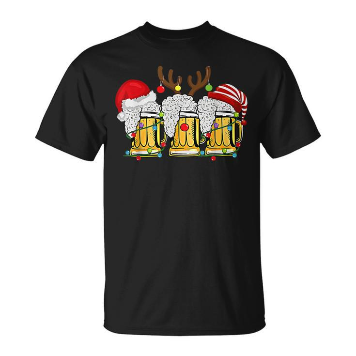Christmas Three Glass Of Beer Lights Santa Hat Elf Antlers V2T-shirt