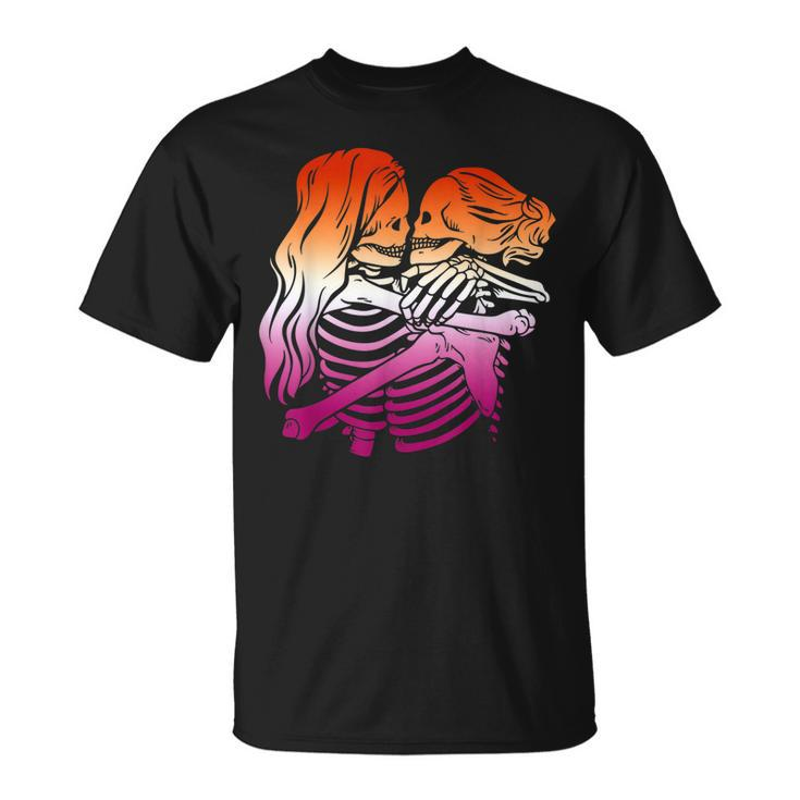 Cool Skeletons Kissing Lesbian Flag Colors Ally Lgbt Pride  Unisex T-Shirt