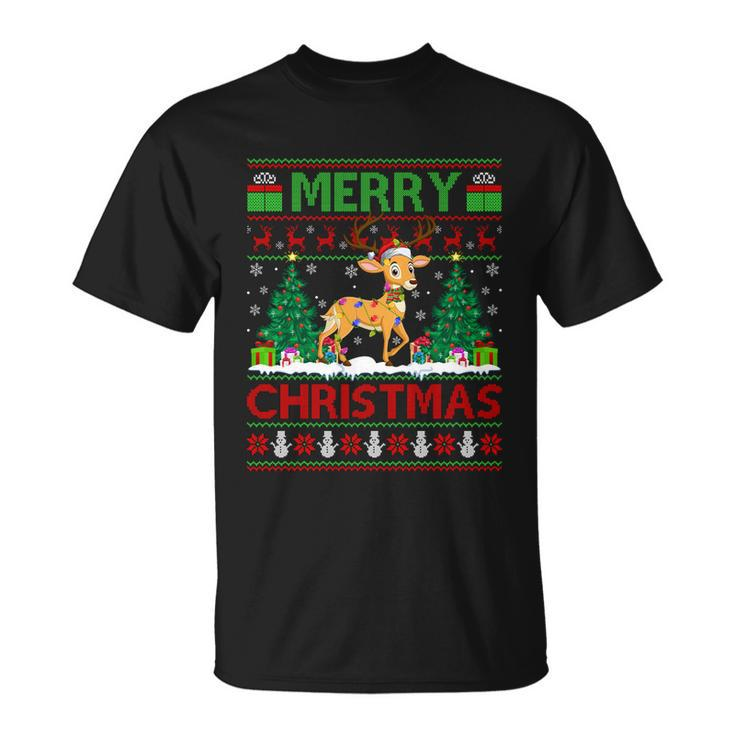 Deer Lover Xmas Tree Lights Ugly Santa Deer Christmas Great Gift Unisex T-Shirt