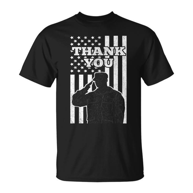 Distressed Us Veterans Day Thank You Soldier Salute Us Flag T-Shirt