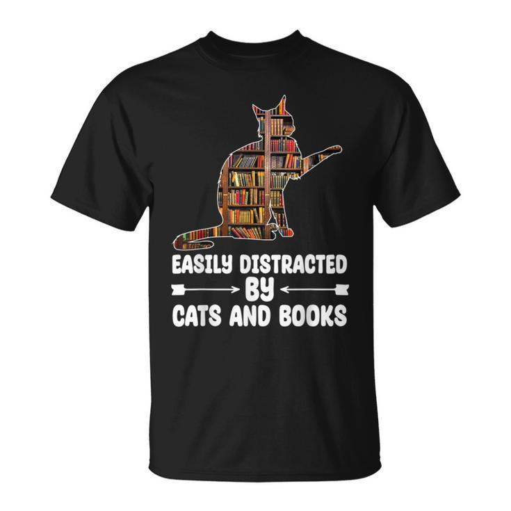 Easily Distracted By Cats And Books Funny Cat Lover  Unisex T-Shirt