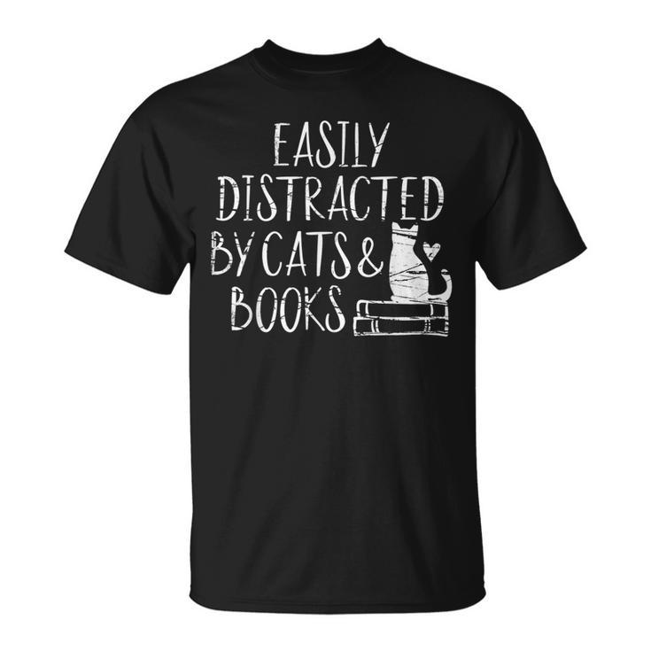 Easily Distracted By Cats And Books Book Lovers T-Shirt