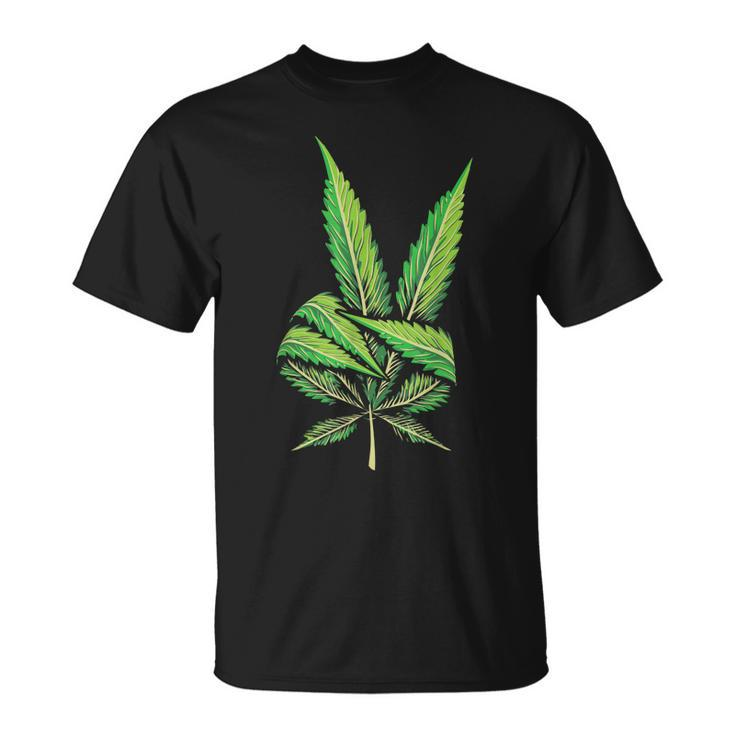 Funny Peace Hand Weed Gift Cool Marijuana Leaf Peace Sign  Unisex T-Shirt