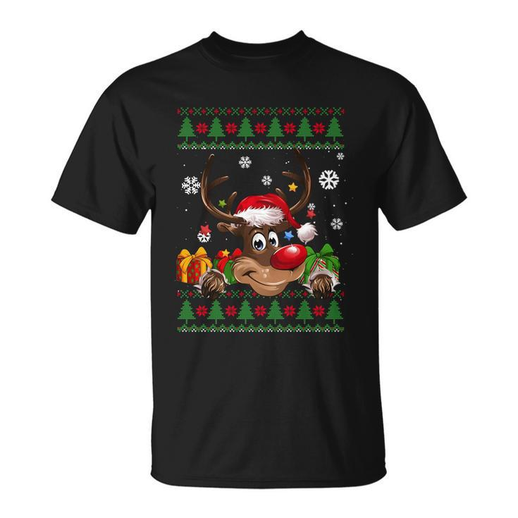 Funny Reindeer Lovers Santa Hat Ugly Christmas Sweater Cool Gift Unisex T-Shirt