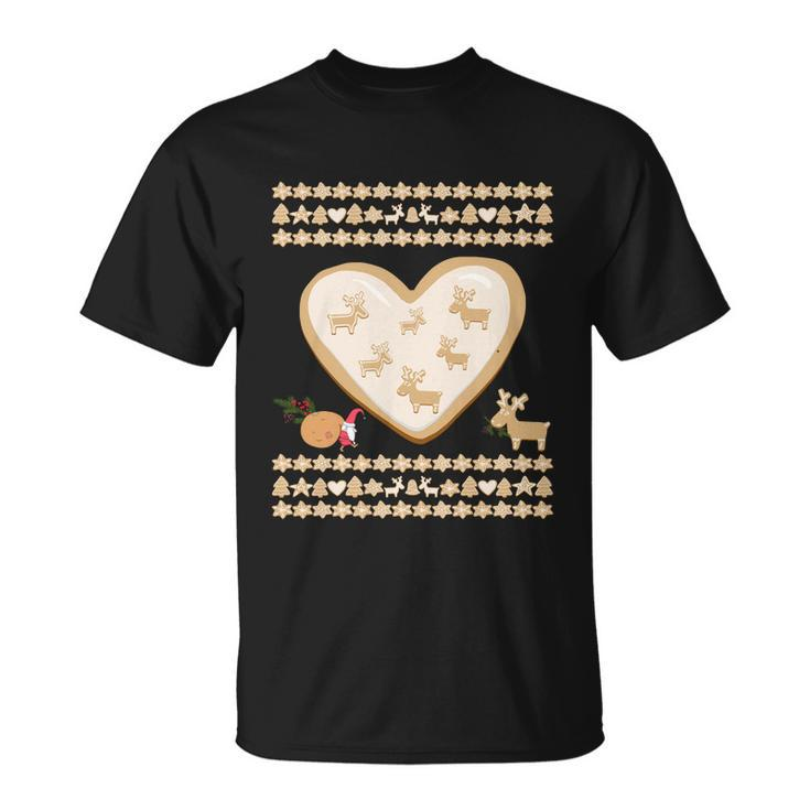 Gingerbread Heart Deer Cookies And Gnome Funny Ugly Christmas Gift Unisex T-Shirt