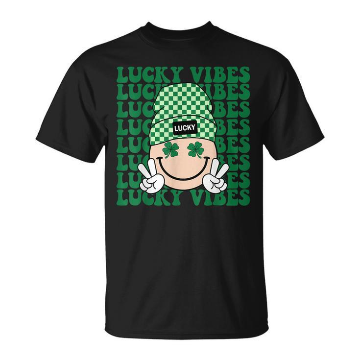 Groovy Smile Face Lucky Vibes Shamrock St Patricks Day T-Shirt