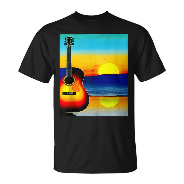 Guitar With Sunset Artistic Design For Guitarists & Musician  Unisex T-Shirt