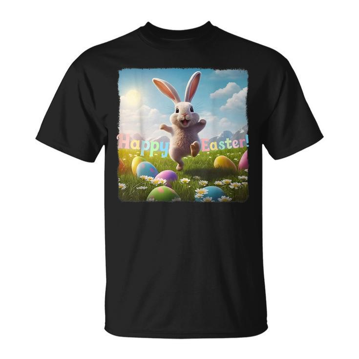 Happy Easter Bunny Hopping Over Colored Eggs  Unisex T-Shirt