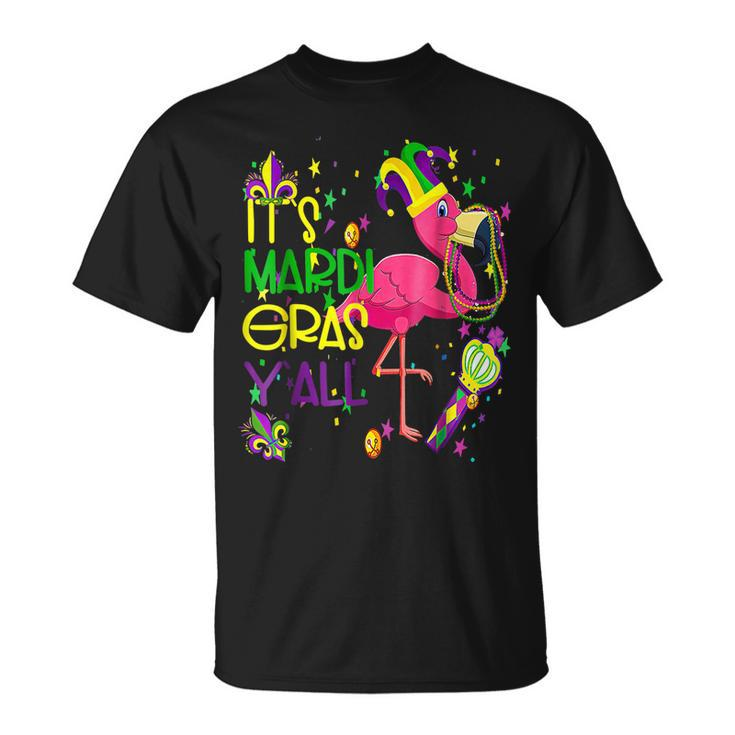Its Mardi Gras Yall Flamingo Jester Hat Mardi Beads T-Shirt