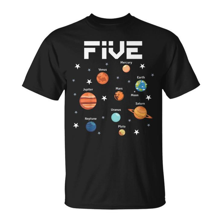 Kids 5 Year Old Outer Space Birthday Shirt Solar Planets 5Th Gift Unisex T-Shirt