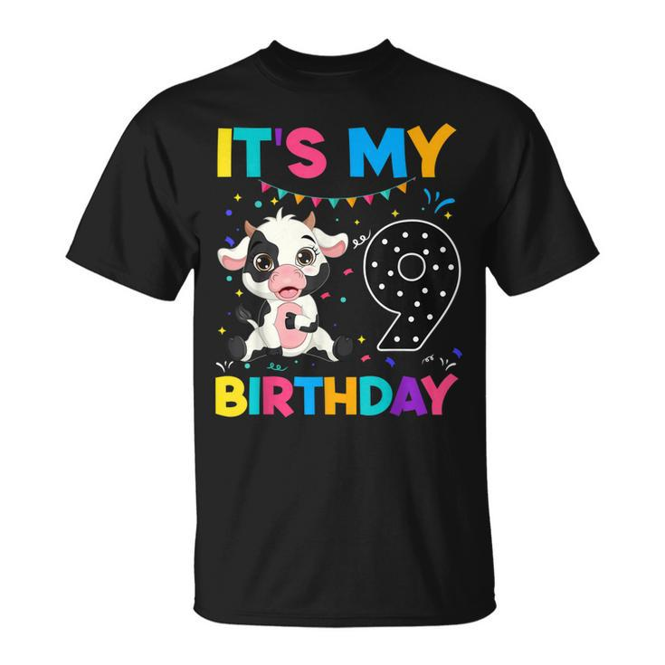 Kids 9Th Birthday Cow 9 Years Old Boy Girl Farm Animals Bday  Unisex T-Shirt