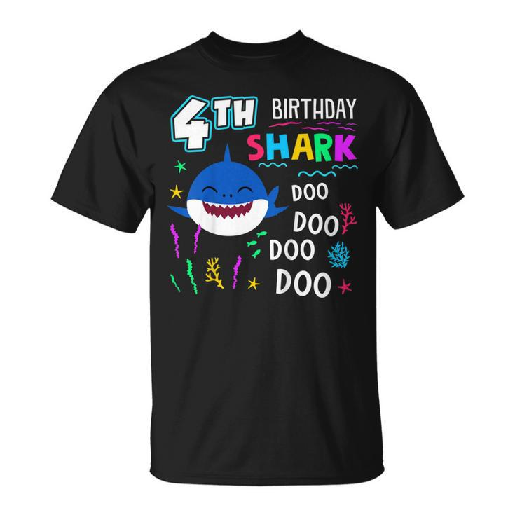 Kids Happy 4Th Birthday Shark Doo Doo 4 Years Old  Gift Unisex T-Shirt