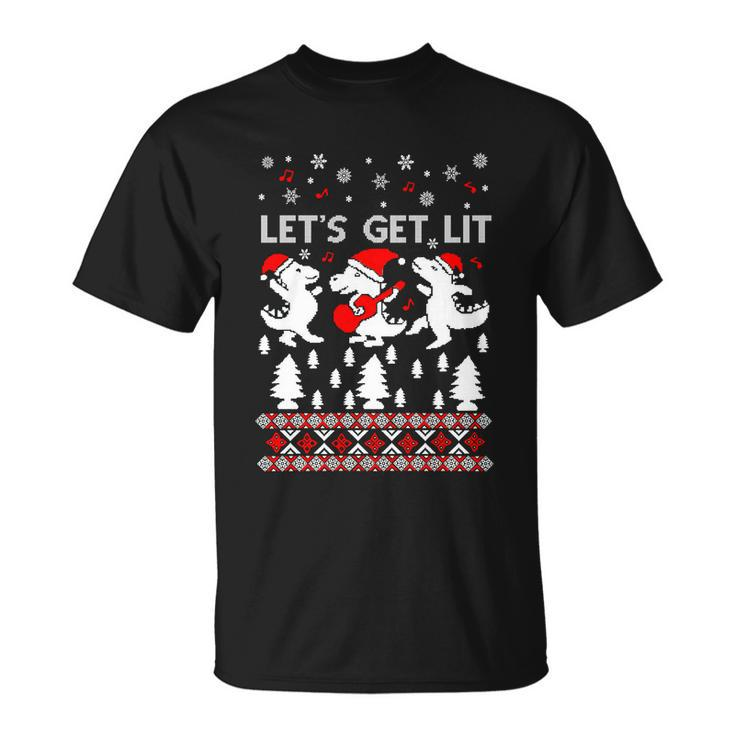 Lets Get Lit Pajamas Dinosaur Ugly Christmas Sweater Gift Unisex T-Shirt