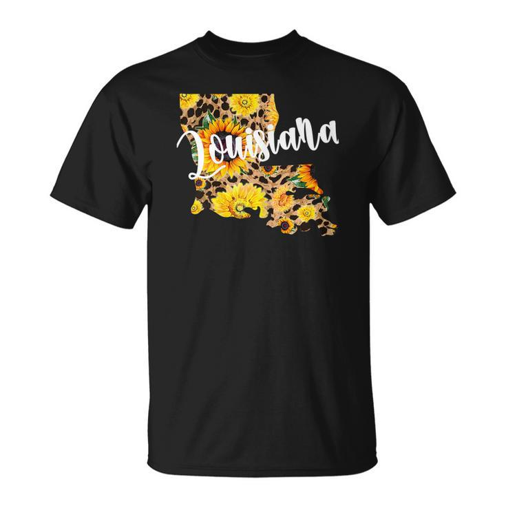 Louisiana Sunflower Leopard Print Wildflower State Map T-shirt