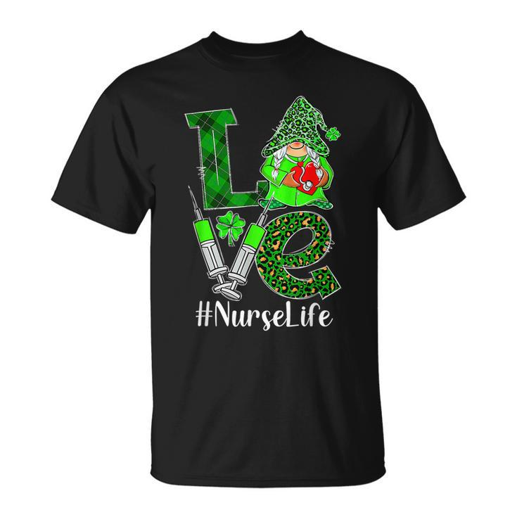 Love Gnome Nurse Life Er Rn St Patricks Day Leopard Shamrock T-Shirt