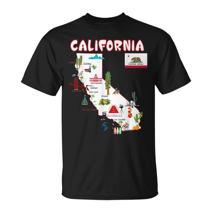 Map Of California Landmarks Major Cities Flag   Unisex T-Shirt