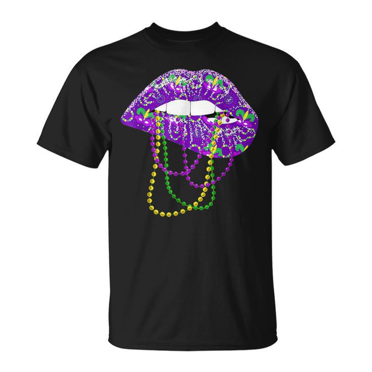 Mardi Gras Carnival Costume Purple & Gold Fleur De Lis Lips V2 T-Shirt