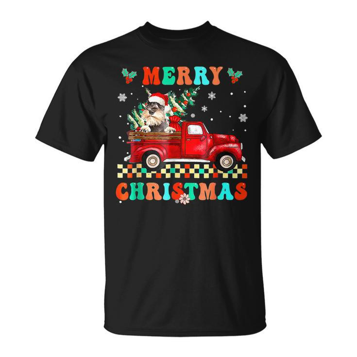 Merry Christmas Schnauzer Dog Riding Red Truck Xmas Tree T-shirt