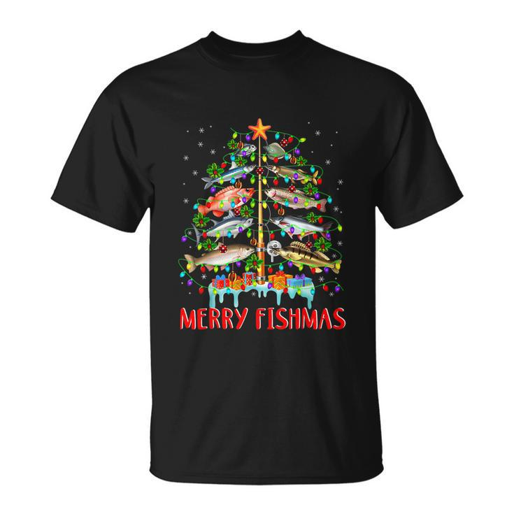 Merry Fishmas Funny Fishing Christmas Tree Lights Unisex T-Shirt