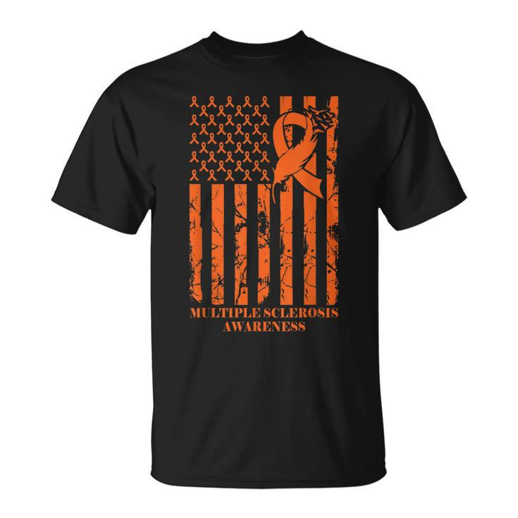 Ms Warrior Multiple Sclerosis Awareness Ribbon Usa Flag  Unisex T-Shirt