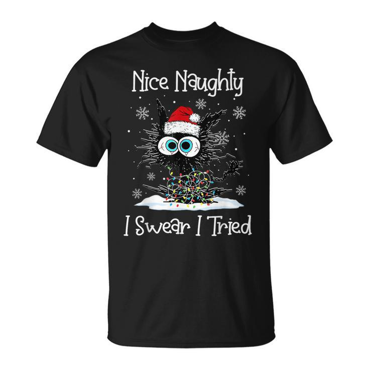 Nice Naughty I Swear I Tried Black Cat Xmas Lights T-shirt