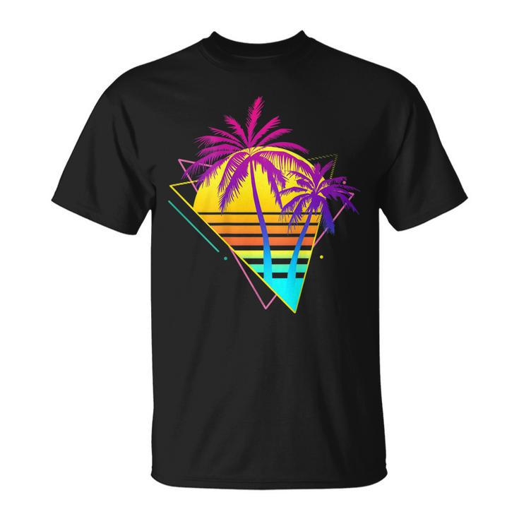 On Back - Retro 80S 90S Vaporwave Tropical Sunset Palm Trees  Unisex T-Shirt
