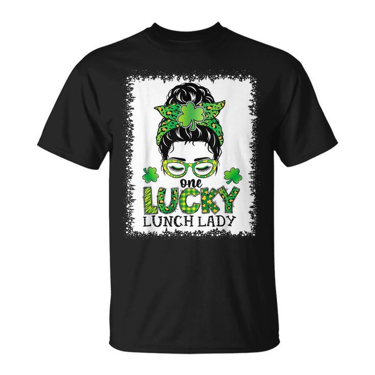 One Lucky Lunch Lady Bleached Messy Bun St Patricks Day T-Shirt