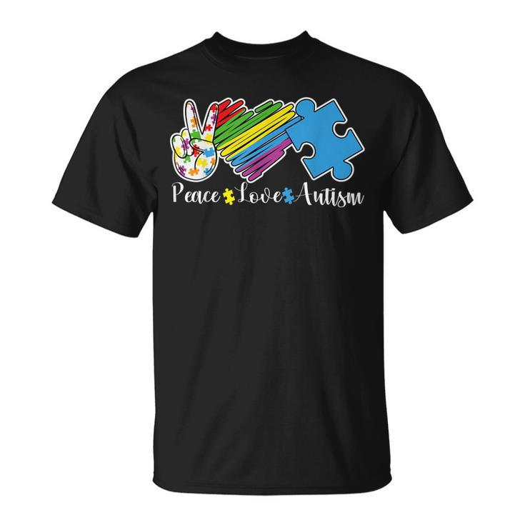 Peace Love Autism Puzzle In April We Wear Blue For Autism  Unisex T-Shirt