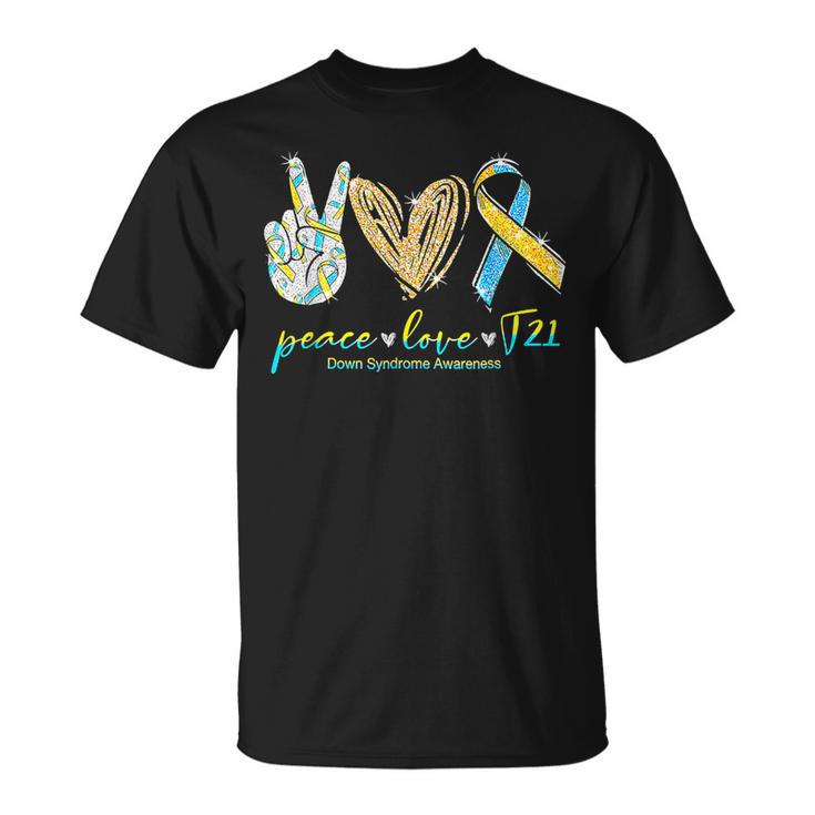 Peace Love T21 Blue Yellow Ribbon Down Syndrome Awareness T-Shirt ...