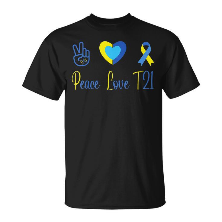 Peace Love T21 Blue Yellow World Down Syndrome Day 2023 T-Shirt