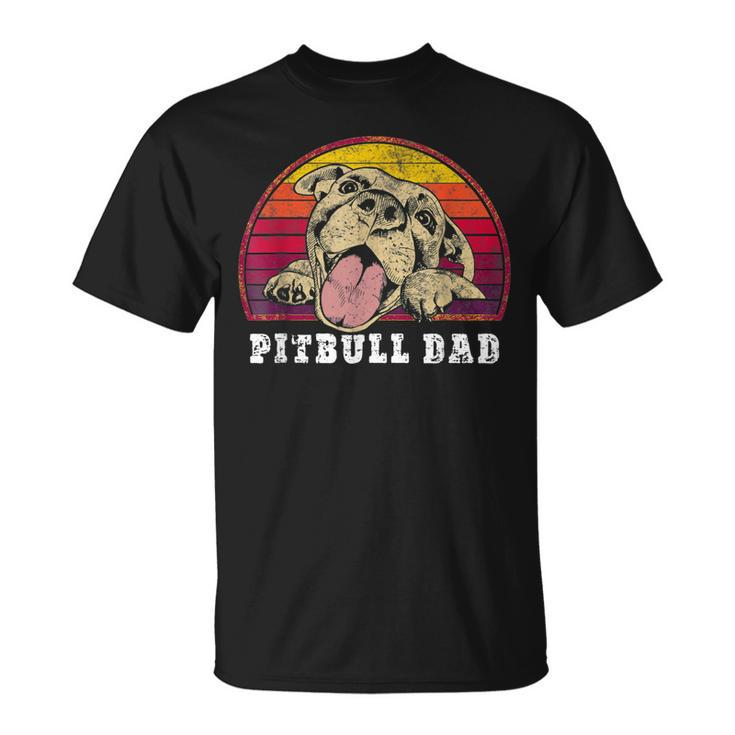 Mens Pitbull Dad Smiling Pittie On Vintage Sunset Pitbull Dad T-Shirt