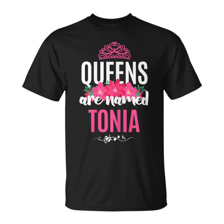Queens Are Named Tonia Pink Flower Custom Name B-Day T-shirt