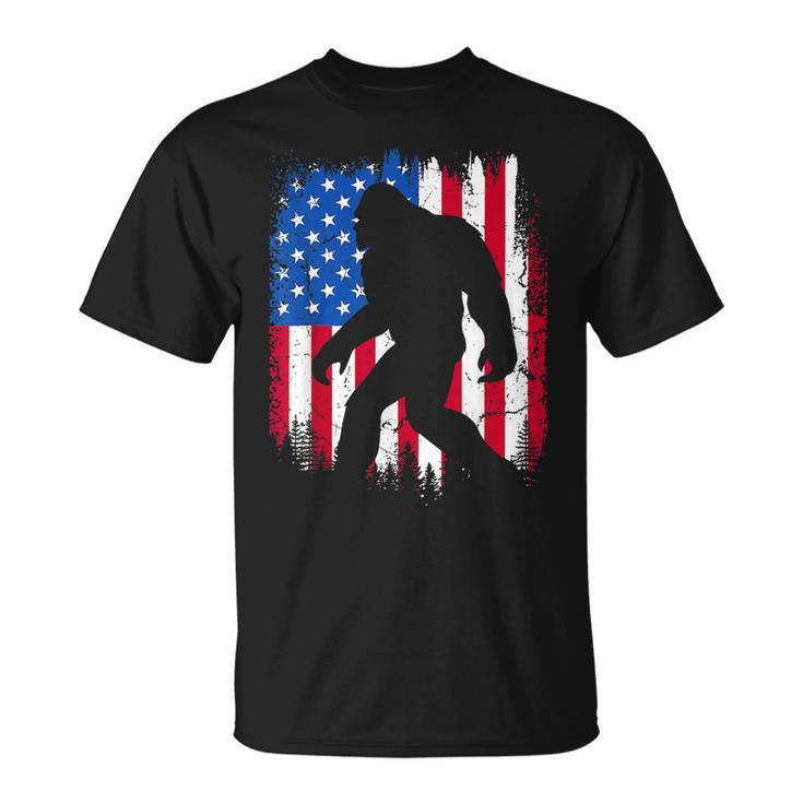 Retro Bigfoot Silhouette Usa Flag Sasquatch Lovers July 4Th T-shirt