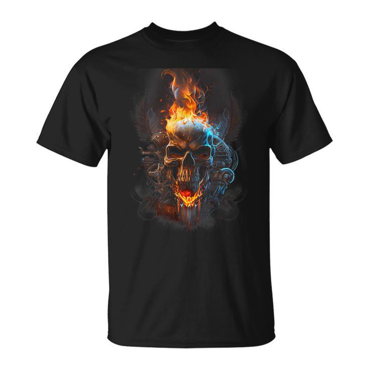 Revolution Riders Metal Skull Engine Flames Graphic  Men  Unisex T-Shirt