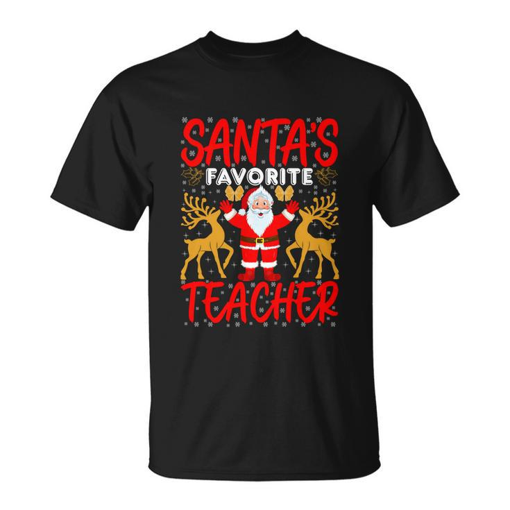  Santas Favorite Teacher Funny Xmas Deer Santa Claus Teacher Unisex T-Shirt