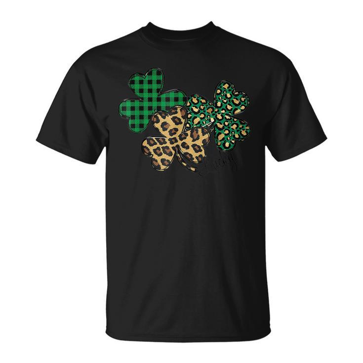 Shamrock St Patricks Day Clover Lucky Plaid Leopard Buffalo T-Shirt