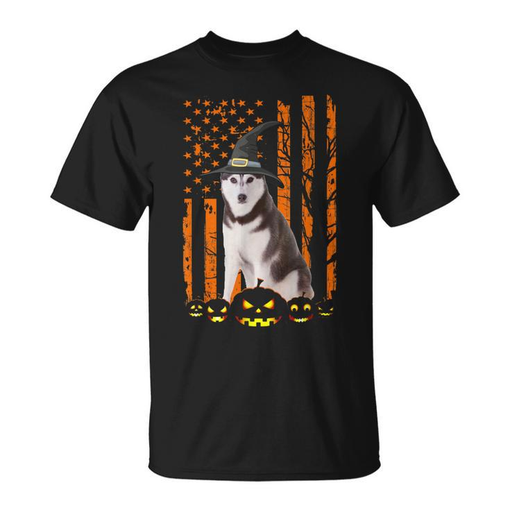Siberian Husky Dog Pumpkin American Flag Witch Halloween T-shirt