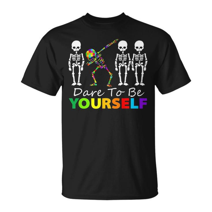 Skeleton Dabbing Dare To Be Yourself  Funny Autism Unisex T-Shirt