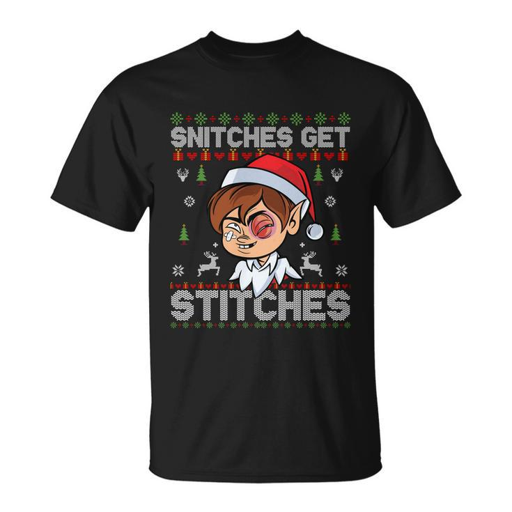 Snitches Get Stitches Elf Xmas Funny Vintage Retro Santa Hat Unisex T-Shirt