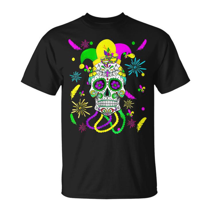 Sugar Skull Carnival Mask Jester Hat Mardi Gras Festival T-Shirt