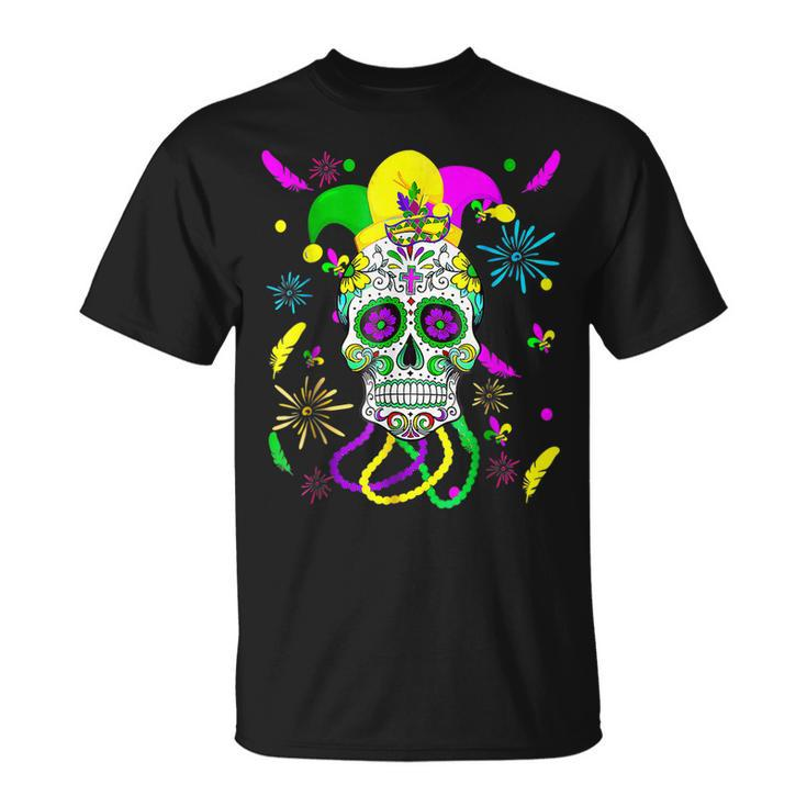 Sugar Skull Jester Hat Mardi Gras Carnival Mexican T-Shirt
