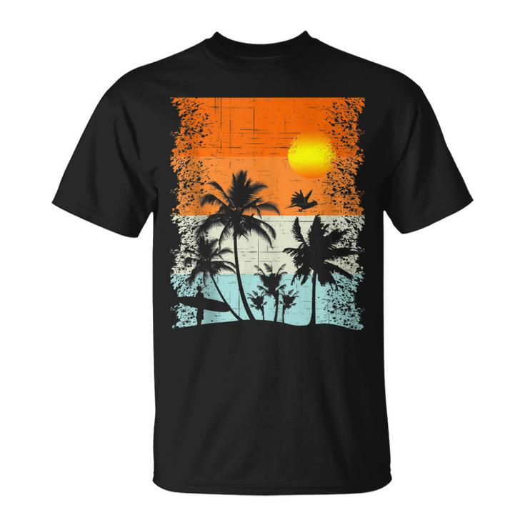Summer Vacation Surfers At Beach Palm Trees Retro Vintage T-Shirt
