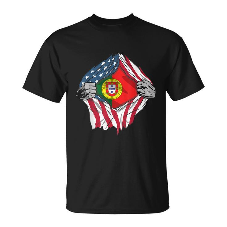 Super Portuguese Heritage American Flag Portugal Roots Unisex T-Shirt